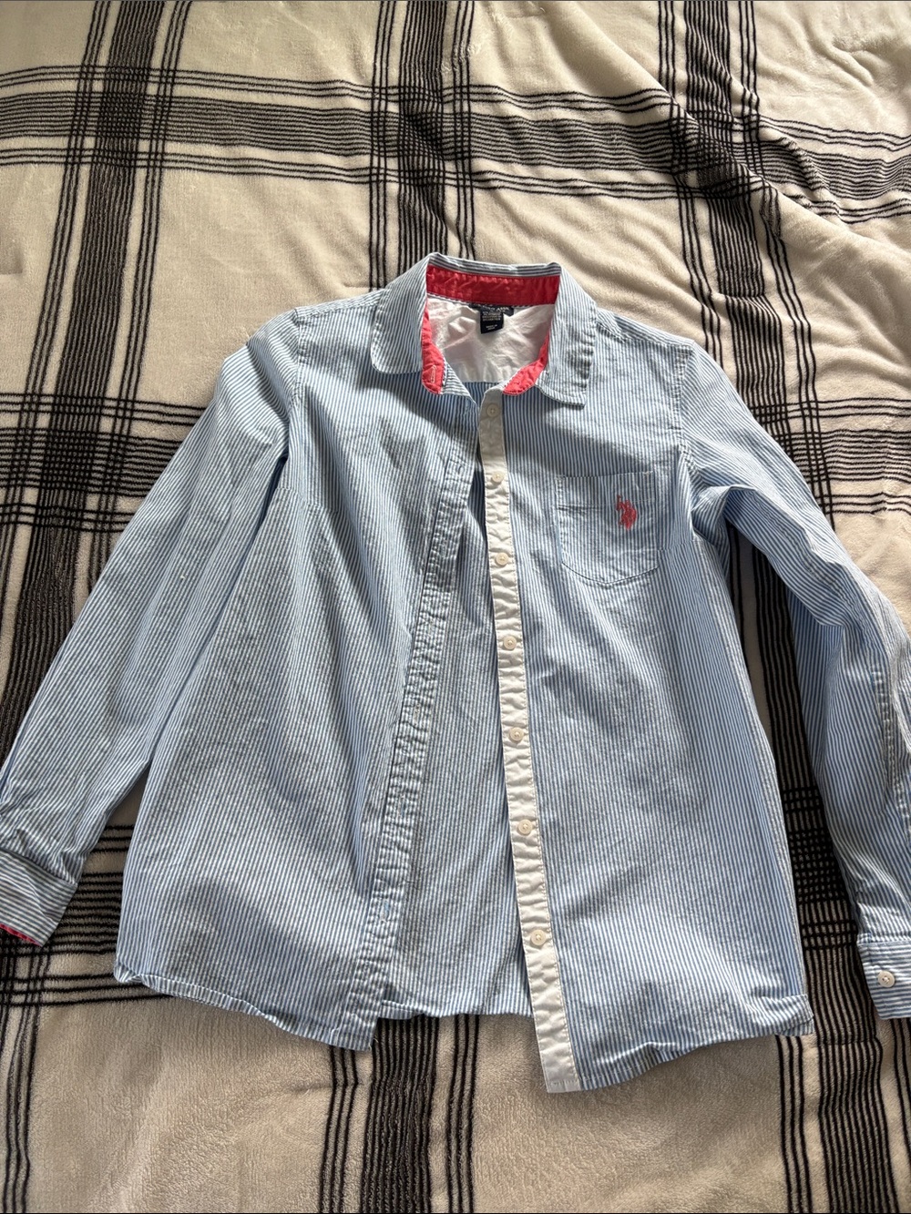 POLO | Women’s Light Blue Pinstripe Button-Up Shirt with Pink Trim
